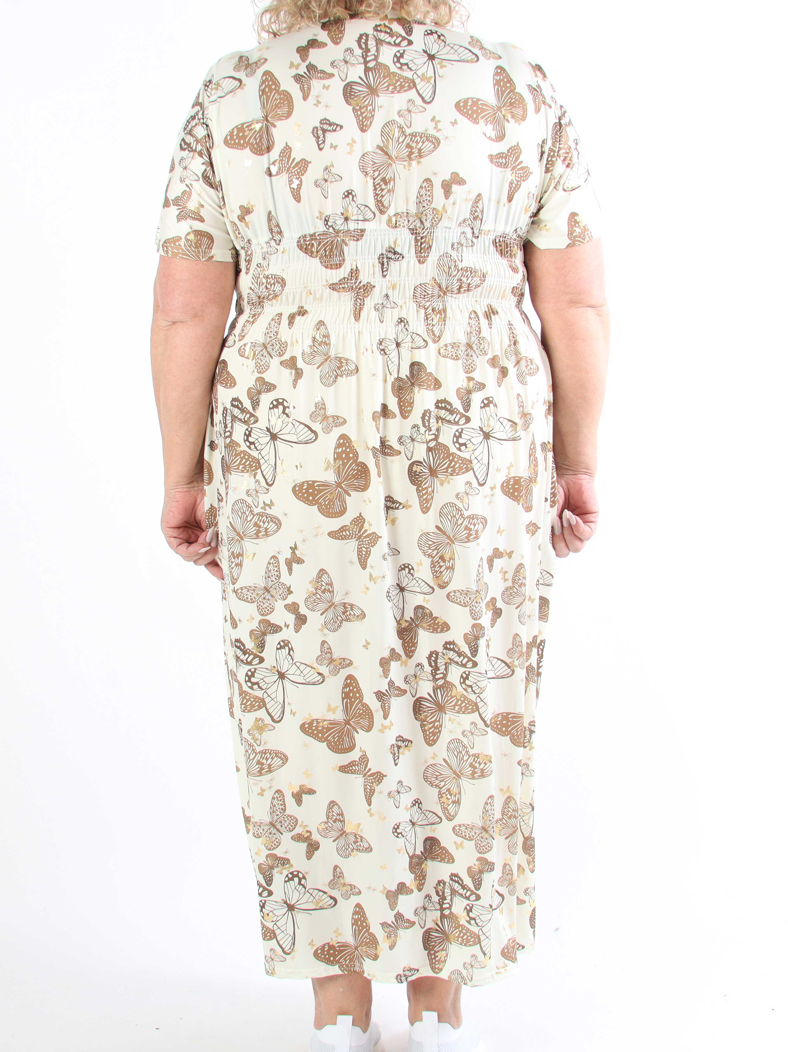 Pams Butterfly - Lang elastisk plus size kjole med smock i livet